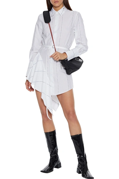 Shop Off-white Asymmetric Pinstriped Cotton-poplin Mini Shirt Dress In White