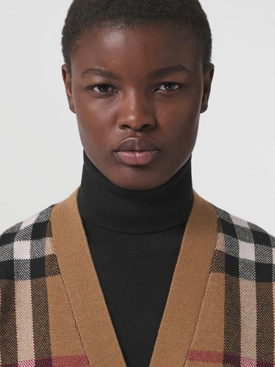 Shop Burberry Check Wool Cashmere Cardigan In Birch Brown