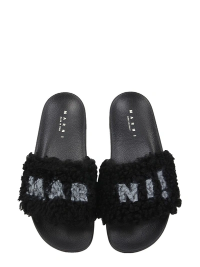 Shop Marni Slide Sandals With Logo In Black