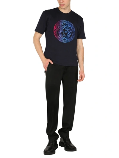 Shop Versace T-shirt With Medusa Embroidery In Blue