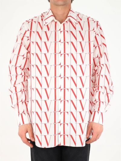 Shop Valentino All-over Vltn Cotton Shirt In White/red