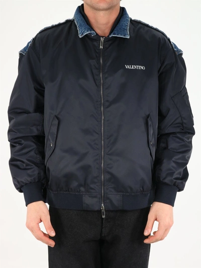 Shop Valentino Nylon And Denim Bomber Jacket In Blue
