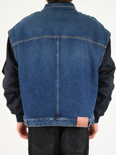 Shop Valentino Nylon And Denim Bomber Jacket In Blue
