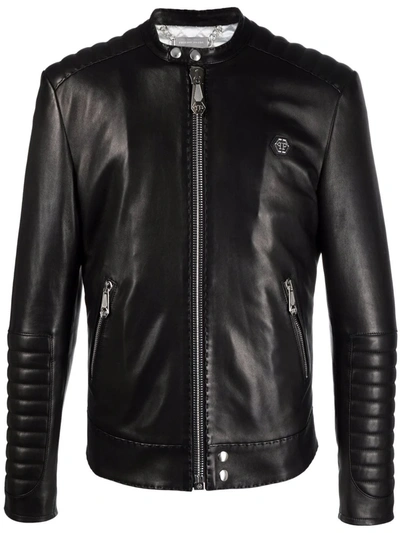 Shop Philipp Plein Iconic Plein Leather Jacket In Schwarz