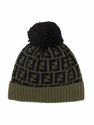 Shop Fendi Ff Pattern Pompom Beanie In Grün