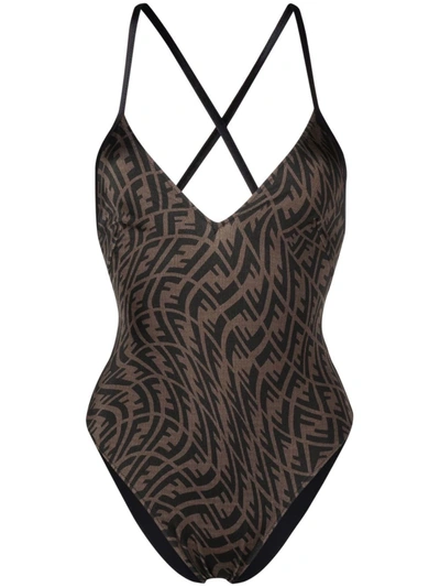 Shop Fendi Ff Vertigo One-piece Swimsuit In Brown