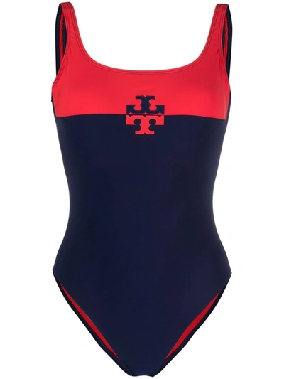 Shop Tory Burch Logo Colour-block Swimsuit In Blau