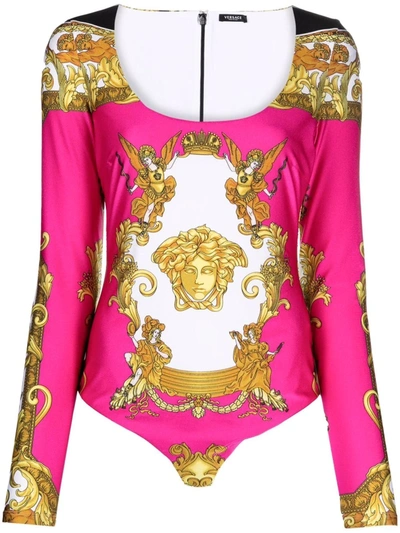 Shop Versace Barocco-print Bodysuit In Rosa