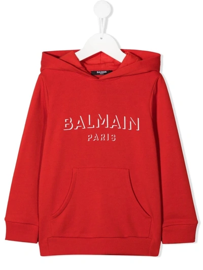 Shop Balmain Graphic Logo Hoodie In Red