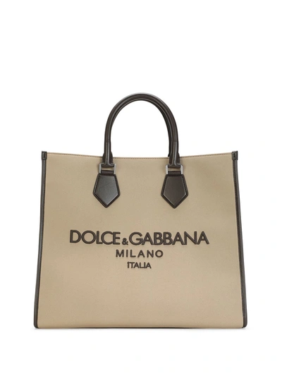 Shop Dolce & Gabbana Logo-embroidered Canvas Tote Bag In Neutrals