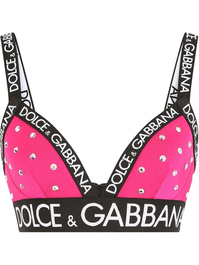 Dolce & Gabbana Spandex Triangle Bra With Rhinestones And Branded Elastic In Pink