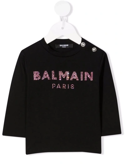 Shop Balmain Logo-studded Long-sleeved T-shirt In Black