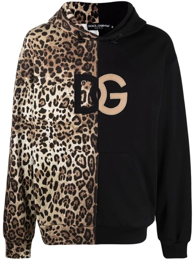 Shop Dolce & Gabbana Leopard-print Spliced Dg Logo Hoodie In Neutrals