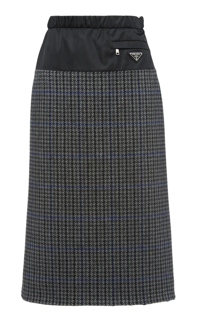 Shop Prada Nylon-trimmed Checked Wool Midi Skirt In Plaid