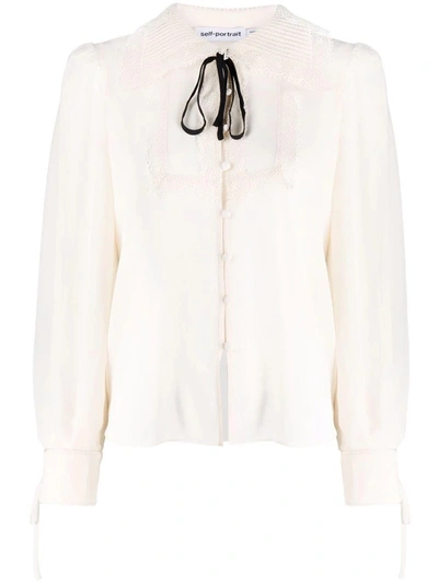 Shop Self-portrait White Bib-collar Embroidered Blouse