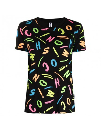 Shop Moschino T-shirt With Multicolor All Over Logo - In Black