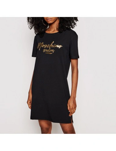 Shop Moschino Dress With Laminated Logo In Black