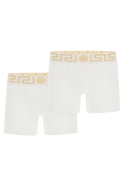 Shop Versace Bi-pack Underwear Greca Border Trunks In White Gold Greek Key (white)