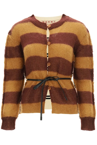Shop Marni Striped Cardigan In Wool And Mohair In Wine (red)