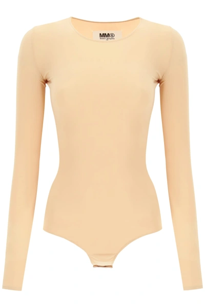 Shop Mm6 Maison Margiela Jersey Bodysuit With Logo In Nude (beige)