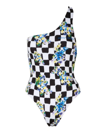 Shop Off-white Check Flowers One Shoulder Swimsuit