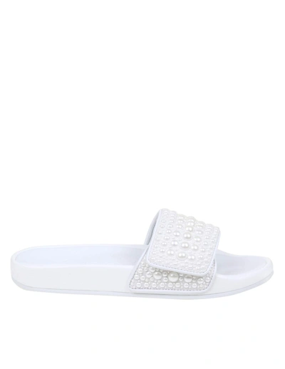 Shop Jimmy Choo Mules In Canvas With Applied Pearls