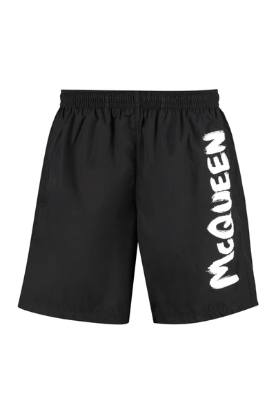 Shop Alexander Mcqueen Logo Print Swim Shorts In Black