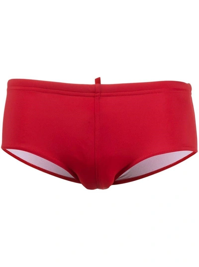 Shop Dsquared2 Red Swimming Trunks With Rear Maple Leaf Print