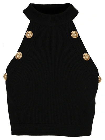 Shop Balmain Knit Crop Top With Gold-tone Buttons In Black