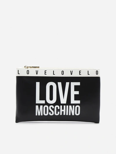 Shop Love Moschino Hammered Weave Clutch With Contrasting Logo Print In Black, White
