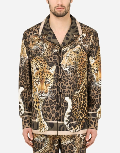 Shop Dolce & Gabbana Shirts - Silk Pajama Shirt With Leopard Print In Multicolor