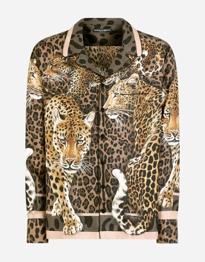 Shop Dolce & Gabbana Shirts - Silk Pajama Shirt With Leopard Print In Multicolor