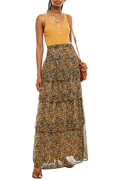 Shop Ba&sh Sibil Tiered Printed Georgette Maxi Skirt In Charcoal