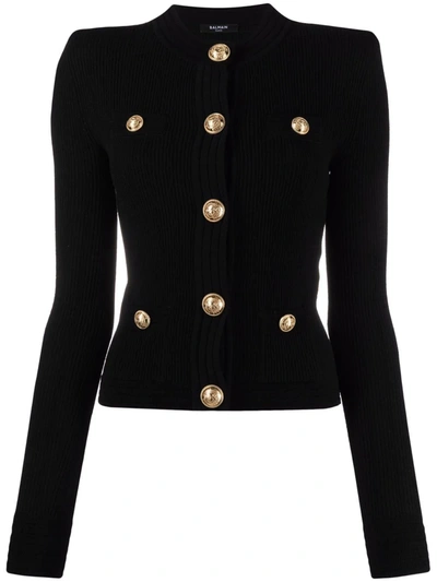 Shop Balmain Button-embellished Ribbed Cardigan In Black