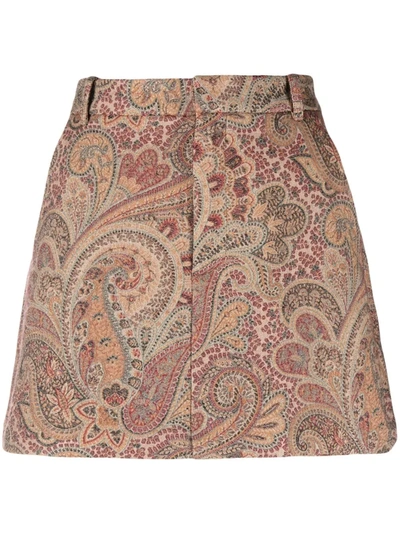 Etro Divided Mini Skirt With Paisley Jacquard Motif In Brown