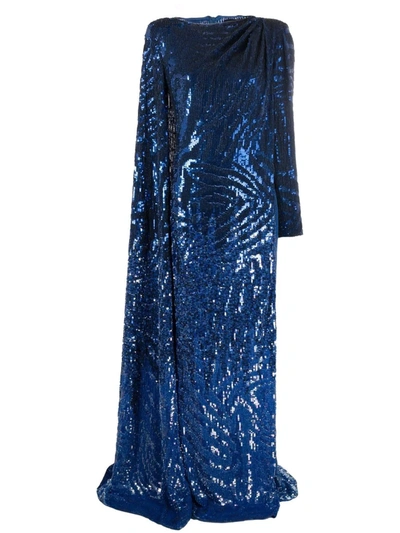 Shop Jenny Packham Cape-effect Sequinned Gown In 蓝色