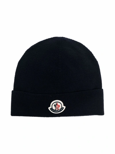 Moncler Kids' Logo Patch Knitted Beanie Hat In Black | ModeSens
