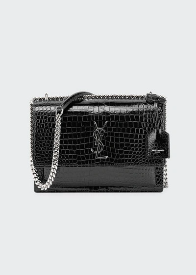 Shop Saint Laurent Sunset Medium Crocodile-embossed Crossbody Bag In Black