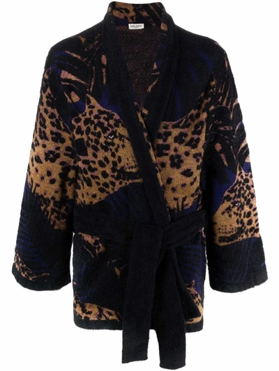 Shop Saint Laurent Multicolored Leopard Print Cardigan