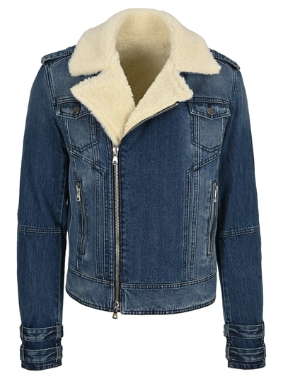 Shop Balmain Denim Biker Jacket In Blue