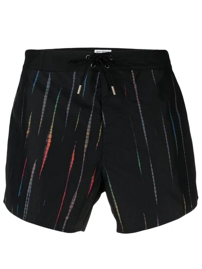 Shop Saint Laurent Stripe Print Swim Shorts In Black
