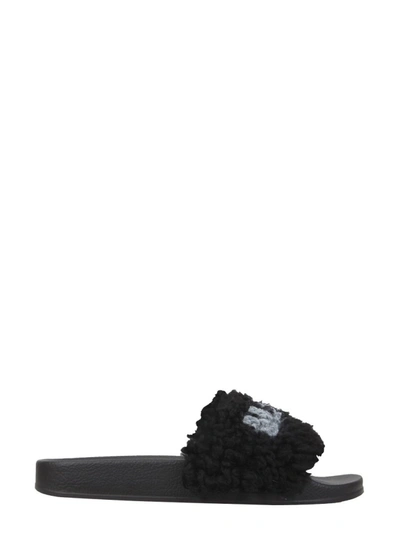 Shop Marni Logo Print Shearling Slide Sandals In Black