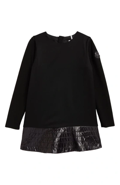 Shop Moncler Kids' Long Sleeve Wool Flannel & Lacquered Nylon Dress In 999 Black