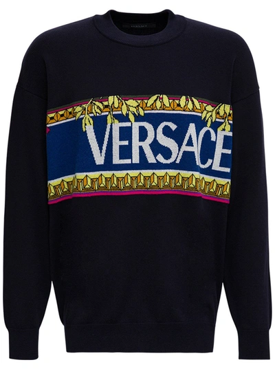 Shop Versace Cotton Blend Sweater With Logo In Blu