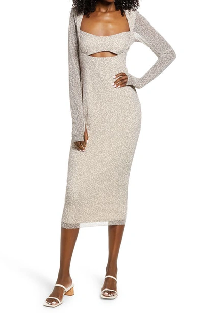 Shop Afrm Kellen Cutout Long Sleeve Mesh Midi Dress In Femme Leopard