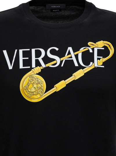 Shop Versace Cotton T-shirt With Brooch And Logo Print In Black