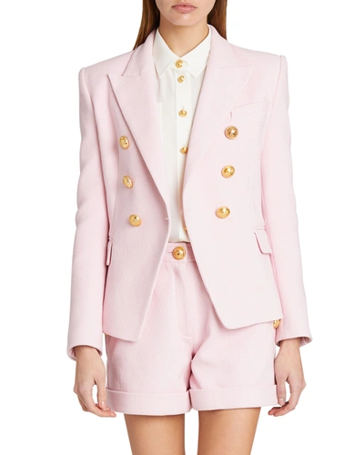 Shop Balmain 6-button Cotton-pique Blazer Jacket In Pale Pink