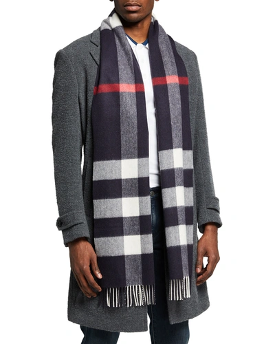 Shop Burberry Men's Half Mega Check Scarf In Navy