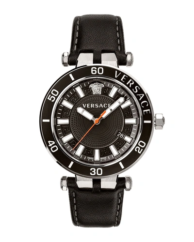 Shop Versace Men's 41mm Greca Sport Leather Watch In Black
