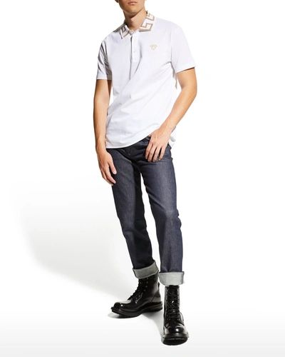 Shop Versace Men's Greca-collar Polo Shirt In Optical White